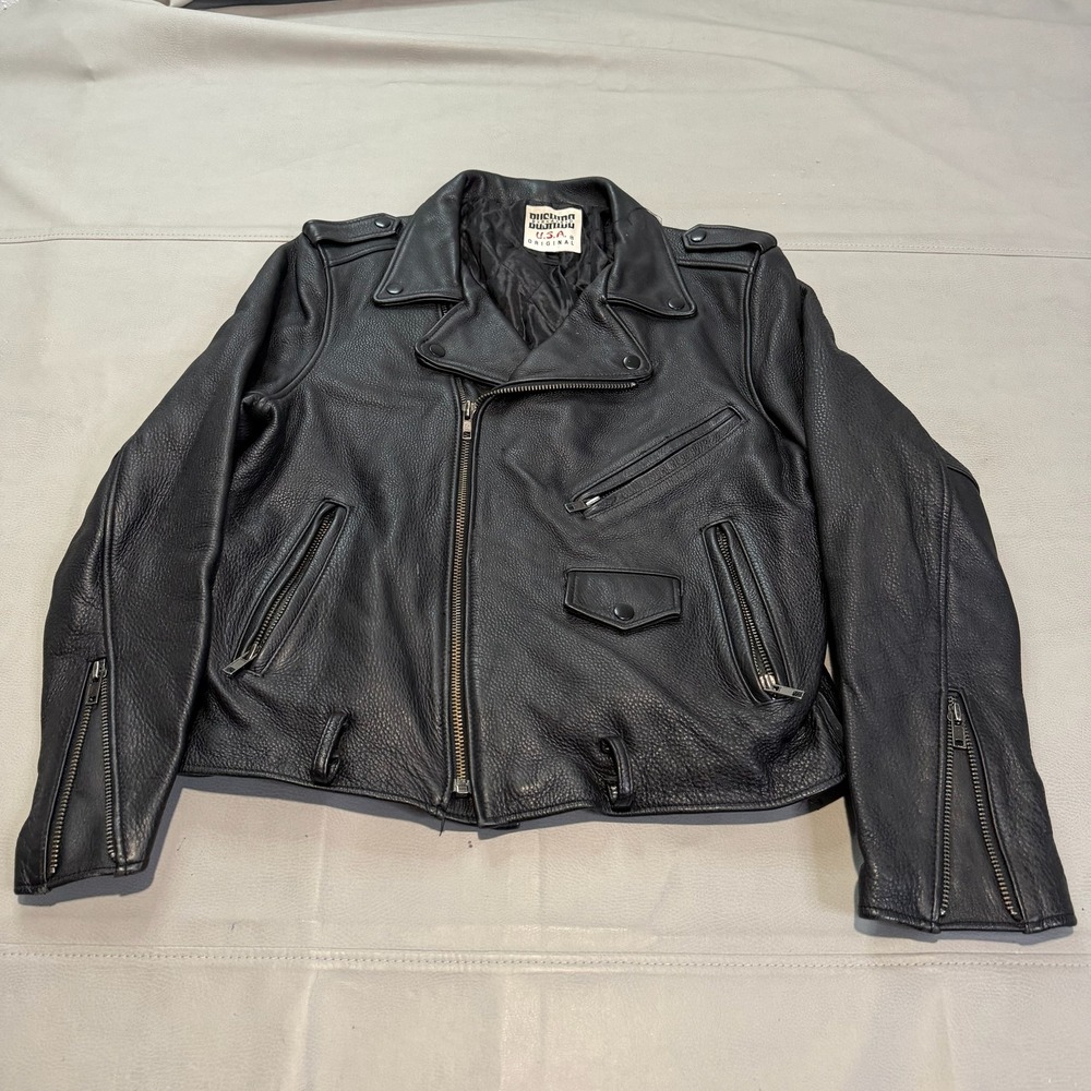VTG Y2K 90s DUSHIDO USA Black Soft Pebble Thick Leather Jacket Moto Grunge XL-